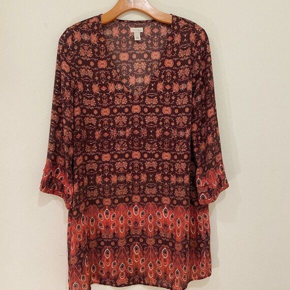 Hinge Deep Rust and Orange Floral V-Neck Tunic - Picture 1 of 7